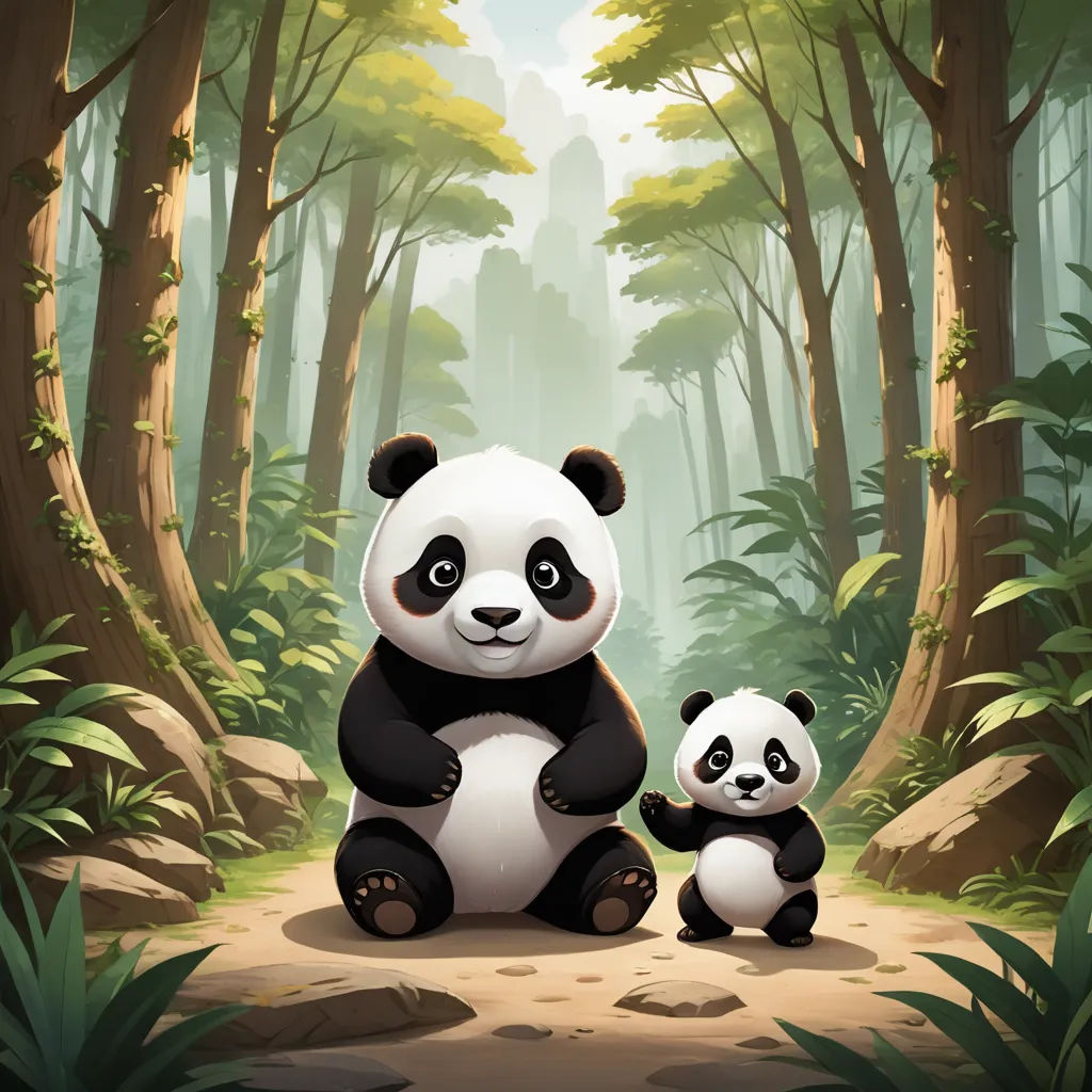 a panda bear and her cub sitting in the forest together, with a mountain in the background, and a forest with tall trees, sots art, a storybook illustration, Chen Hong, game art