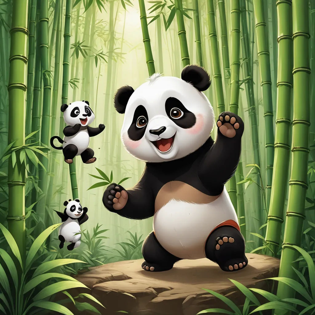 a panda bear and her cub are in the bamboo forest with bamboo trees and bamboo stalks in the background, dau-al-set, a storybook illustration, Fan Qi, official art