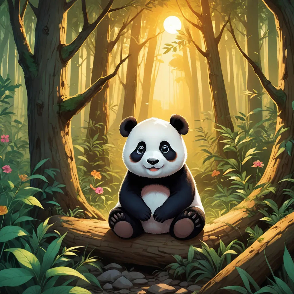 a panda bear sitting on a log in a forest with a sun shining through the trees behind it and a forest floor, fantasy art, a digital painting, Cyril Rolando, magic the gathering artwork