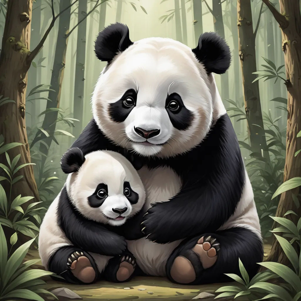a panda bear holding a baby panda in a forest of bamboo trees and ferns, with a sunbeam in the background, fantasy art, a digital painting, Fan Qi, game art