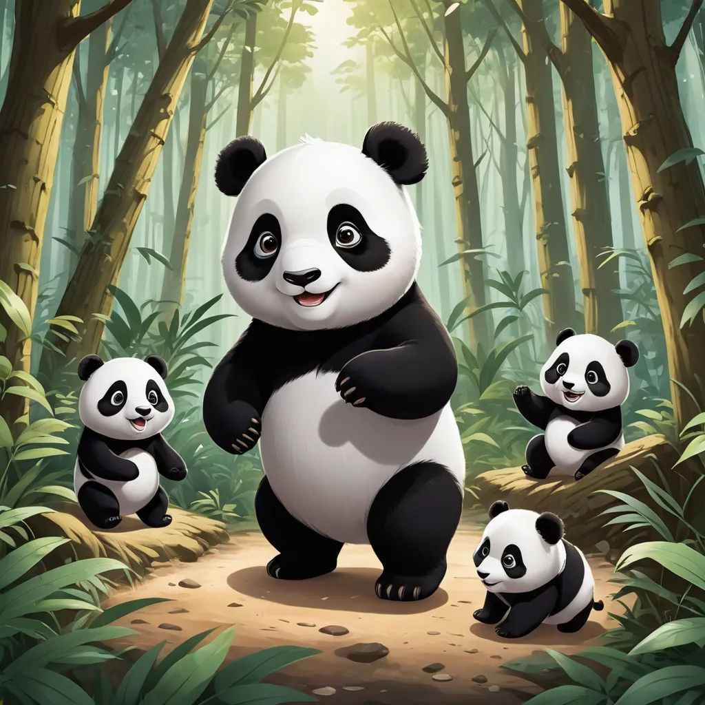 a panda bear with her cubs in a forest scene with bamboo trees and sunlight shining through the trees and leaves, sots art, a storybook illustration, Fan Qi, official art