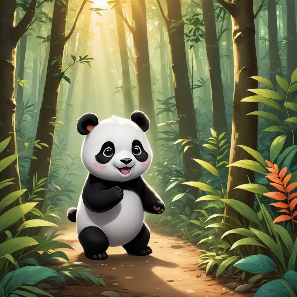 a panda bear standing in the middle of a forest with sunlight streaming through the trees and leaves on the ground, sots art, a digital painting, Chen Hong, official art