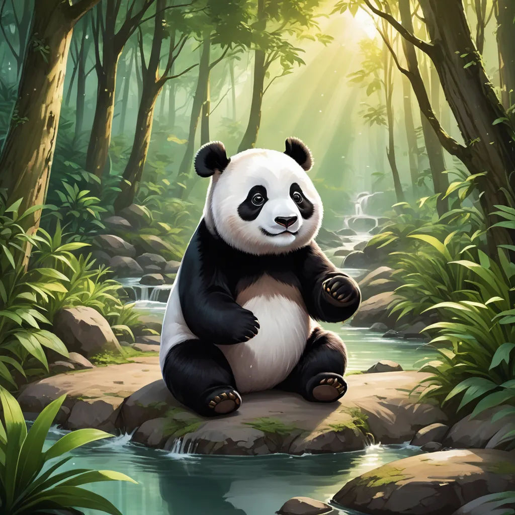 a panda bear sitting on a rock in a forest with a stream of water and trees in the background, sots art, a digital painting, Ding Guanpeng, magic the gathering artwork