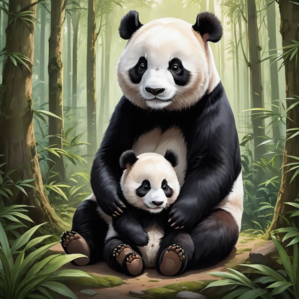 a panda bear sitting on top of a panda bear in a forest with bamboo trees and rocks, with a baby panda on its back, digital art, a digital painting, Chen Hong, professional digital painting