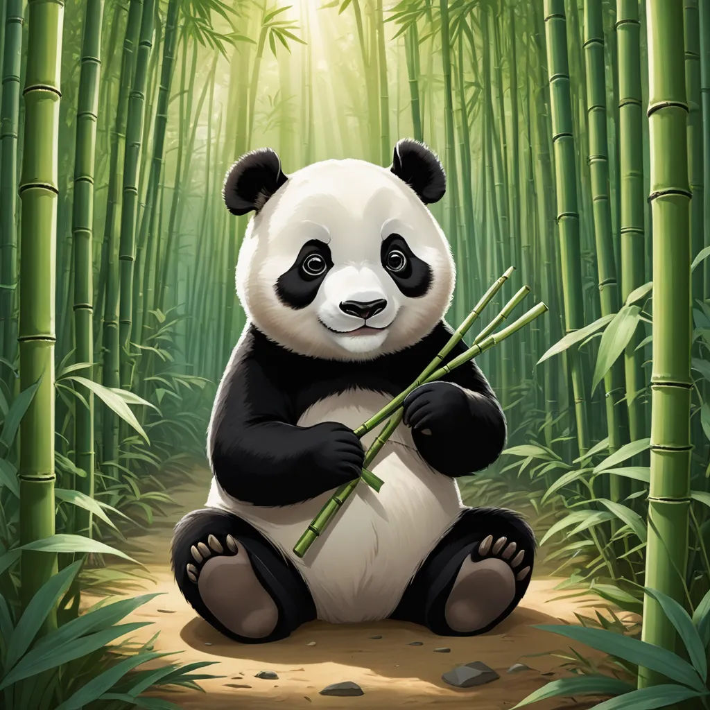 a panda bear sitting on the ground holding bamboo sticks in its paws and eating bamboo leaves in the background, fantasy art, a digital painting, Adrian Zingg, magic the gathering artwork