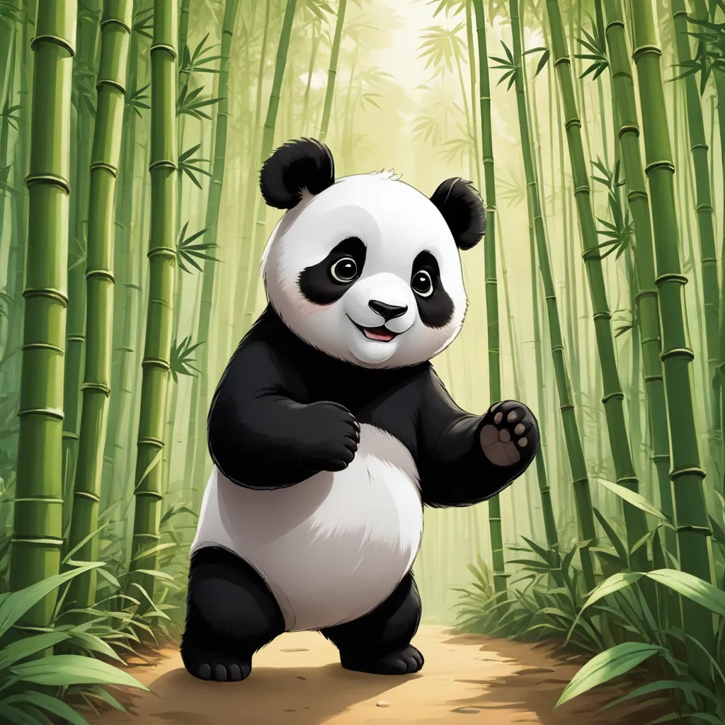 a panda bear standing in the middle of a bamboo forest with bamboo trees in the background and a sunbeam, furry art, a digital painting, Ding Guanpeng, 2 d game art