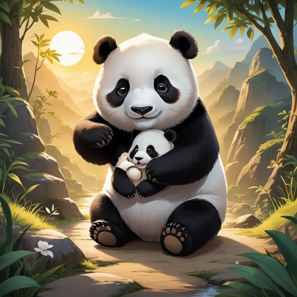 a panda bear holding a baby panda in a forest with a sunset in the background and a mountain range, sots art, a painting, Fan Qi, official art
