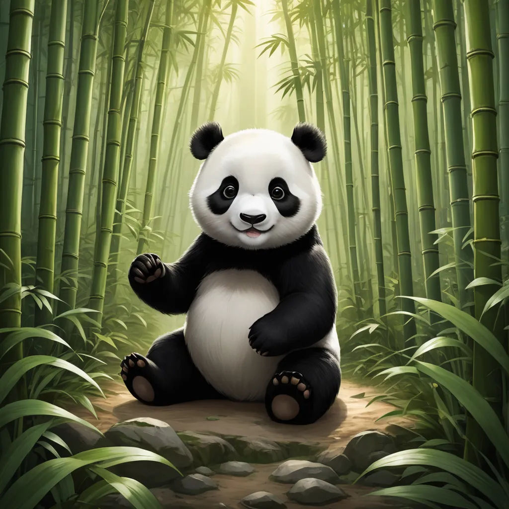 a panda bear sitting on a rock in a bamboo forest with bamboo trees and rocks in the foreground, fantasy art, a digital painting, Adrian Zingg, league of legends splash art