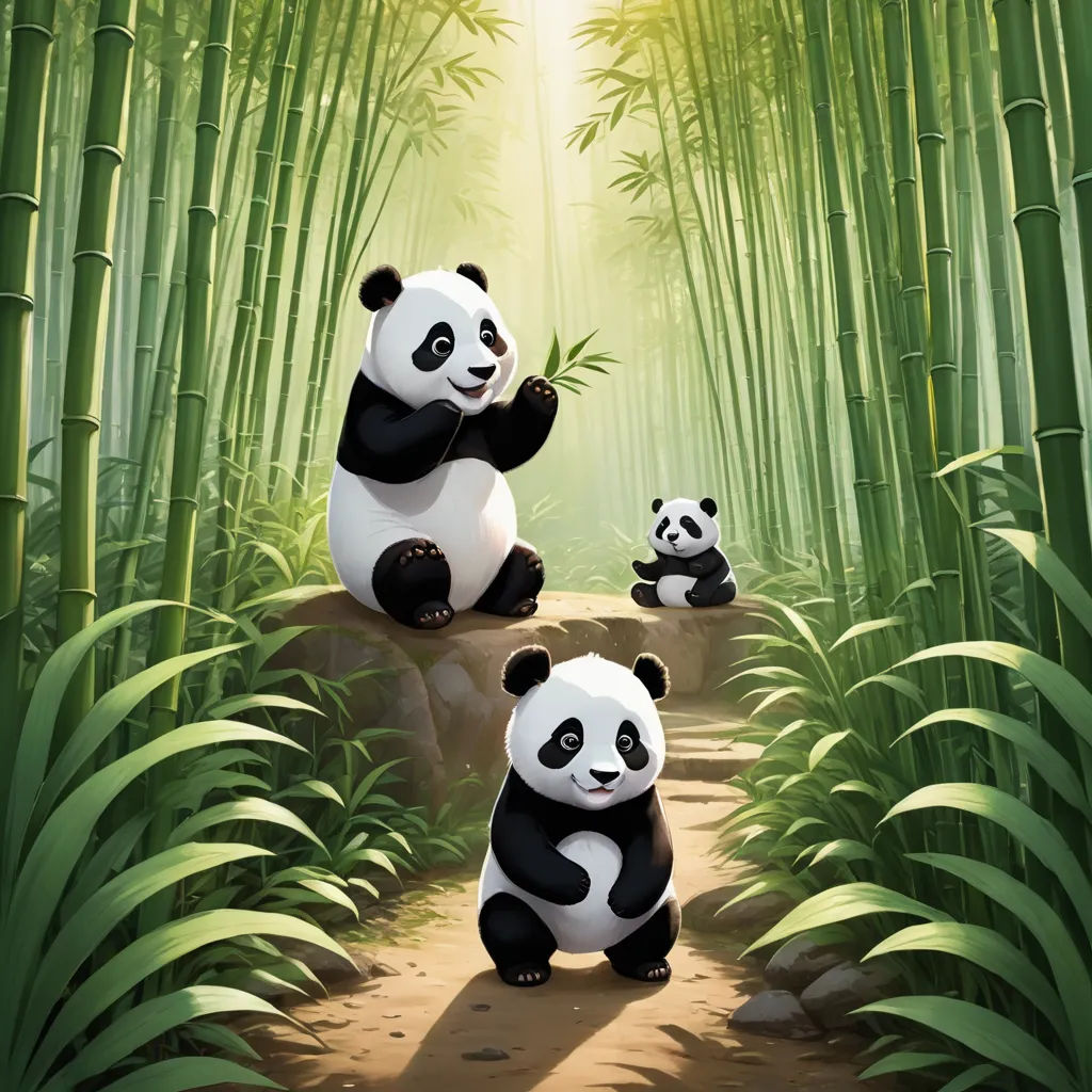 a panda bear sitting on a rock in a bamboo forest with another panda standing up and eating bamboo leaves, sots art, a storybook illustration, Adrian Zingg, official art