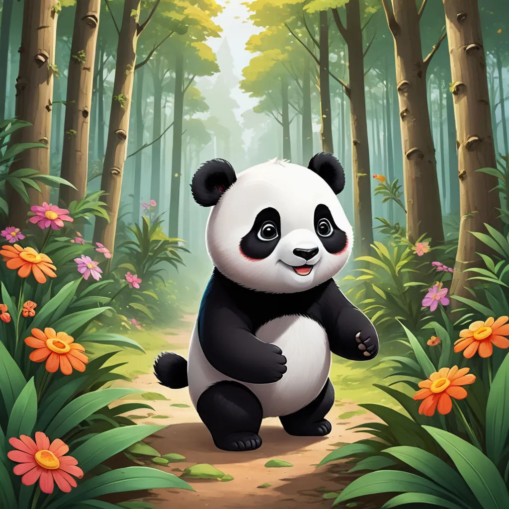 a panda bear is walking through a forest with flowers and trees in the background, and a path leading to the forest, fantasy art, a character portrait, Fan Qi, 2 d game art