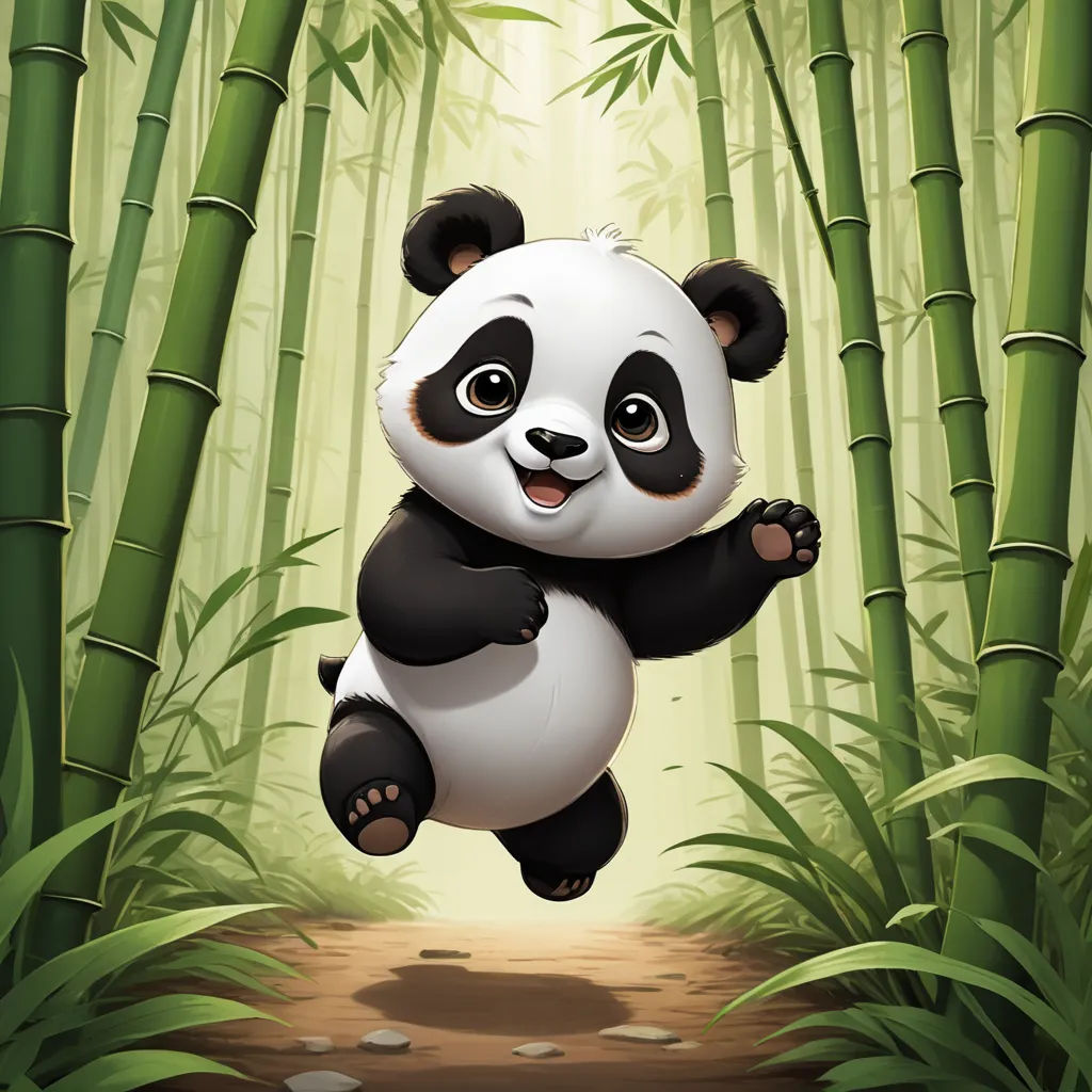 a panda bear is jumping in the bamboo forest with bamboo trees in the background and a path leading to the panda, cloisonnism, a character portrait, Fan Qi, cute and funny