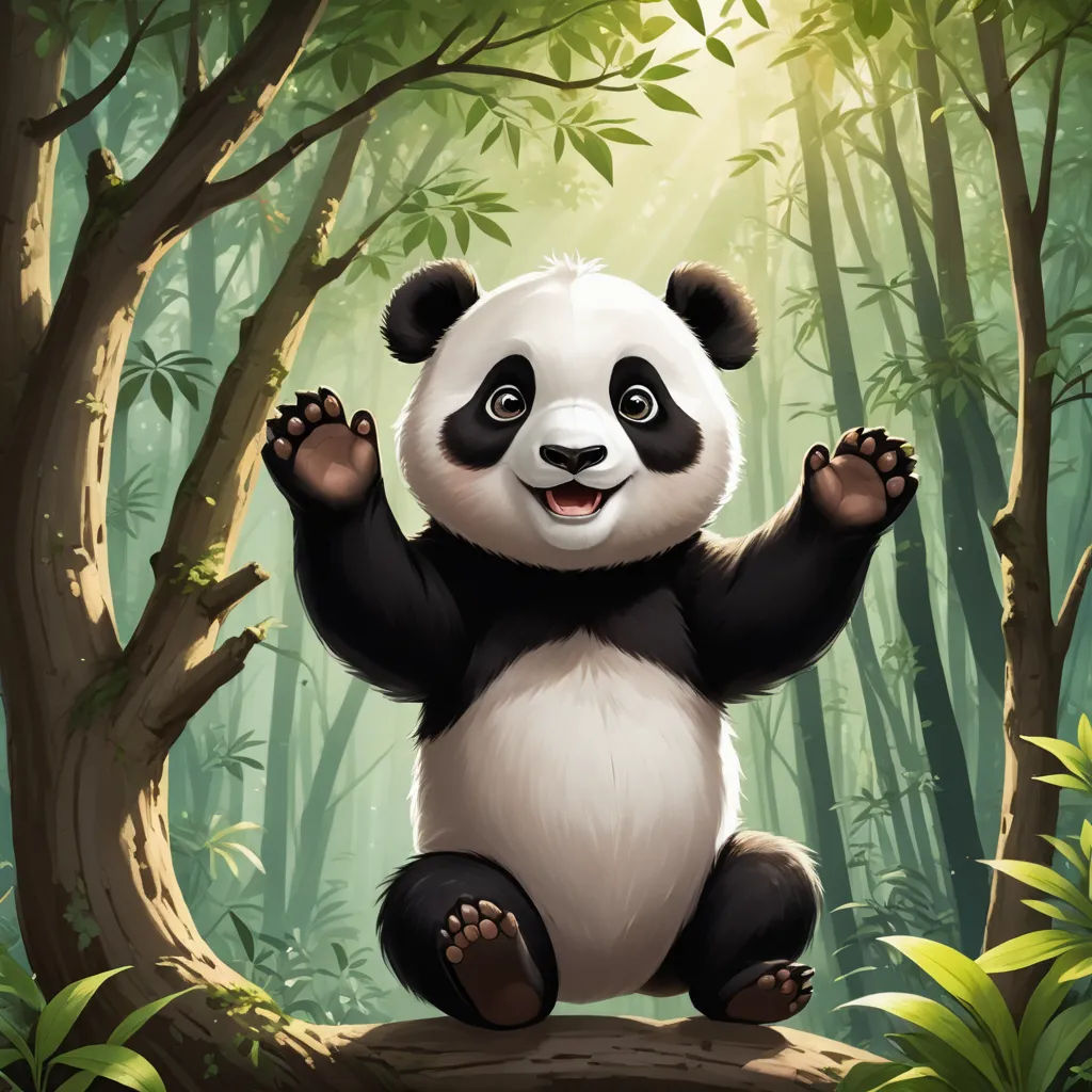 a panda bear sitting on a tree branch in a forest with sunlight coming through the trees and leaves on the ground, sots art, a digital painting, Fan Qi, magic the gathering artwork