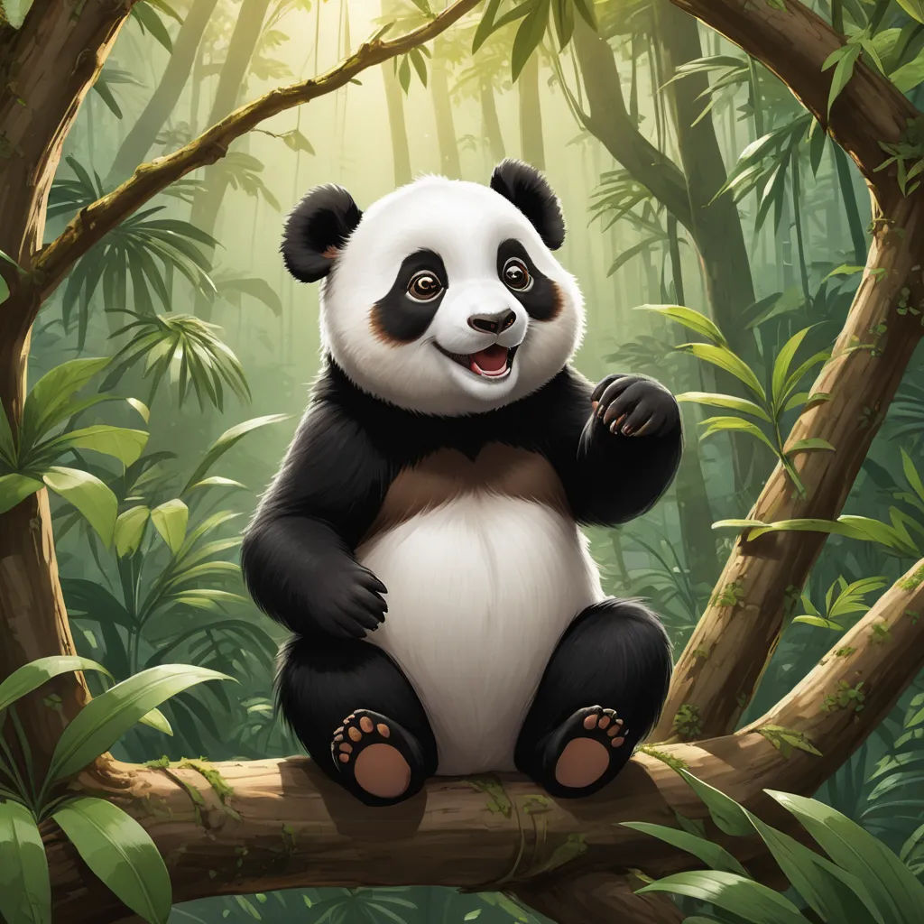 a panda bear sitting on a tree branch in a forest with bamboo trees and sunlight shining through the leaves, altermodern, a digital painting, Fan Qi, magic the gathering artwork
