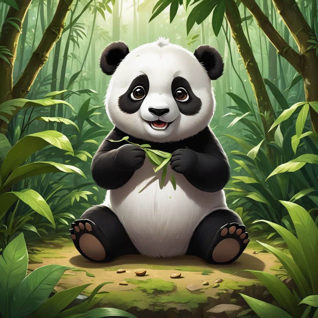 a panda bear sitting in the middle of a forest with bamboo trees and leaves around it's feet, sots art, a character portrait, Fan Qi, splash art