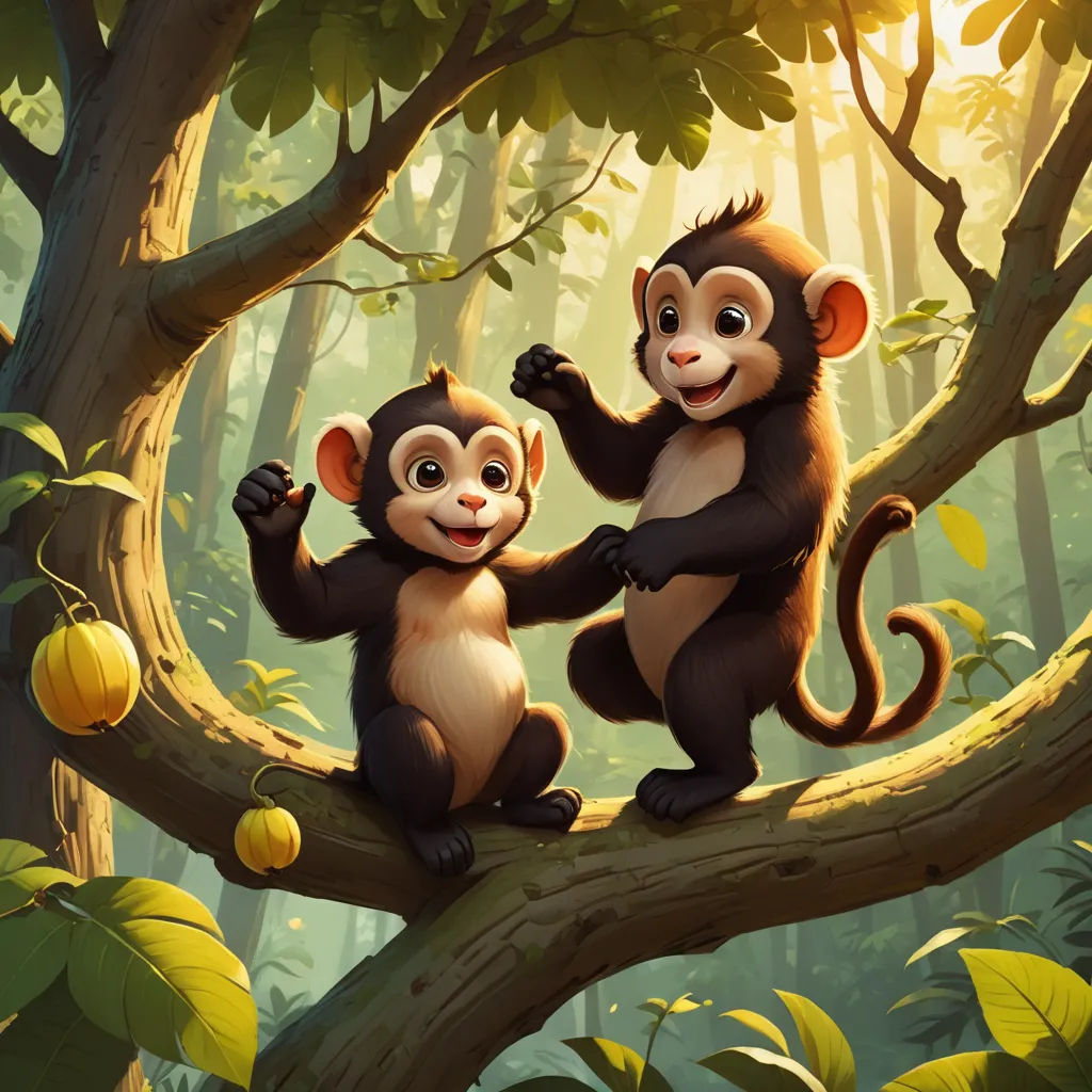 two monkeys sitting on a tree branch in a forest with pumpkins in the background and sunlight shining through the leaves, sots art, poster art, Chris LaBrooy, official art