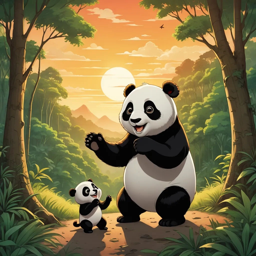 a panda bear and her cub are in the forest at sunset or dawn, with a full moon in the background, pop surrealism, a storybook illustration, Adrian Zingg, official art