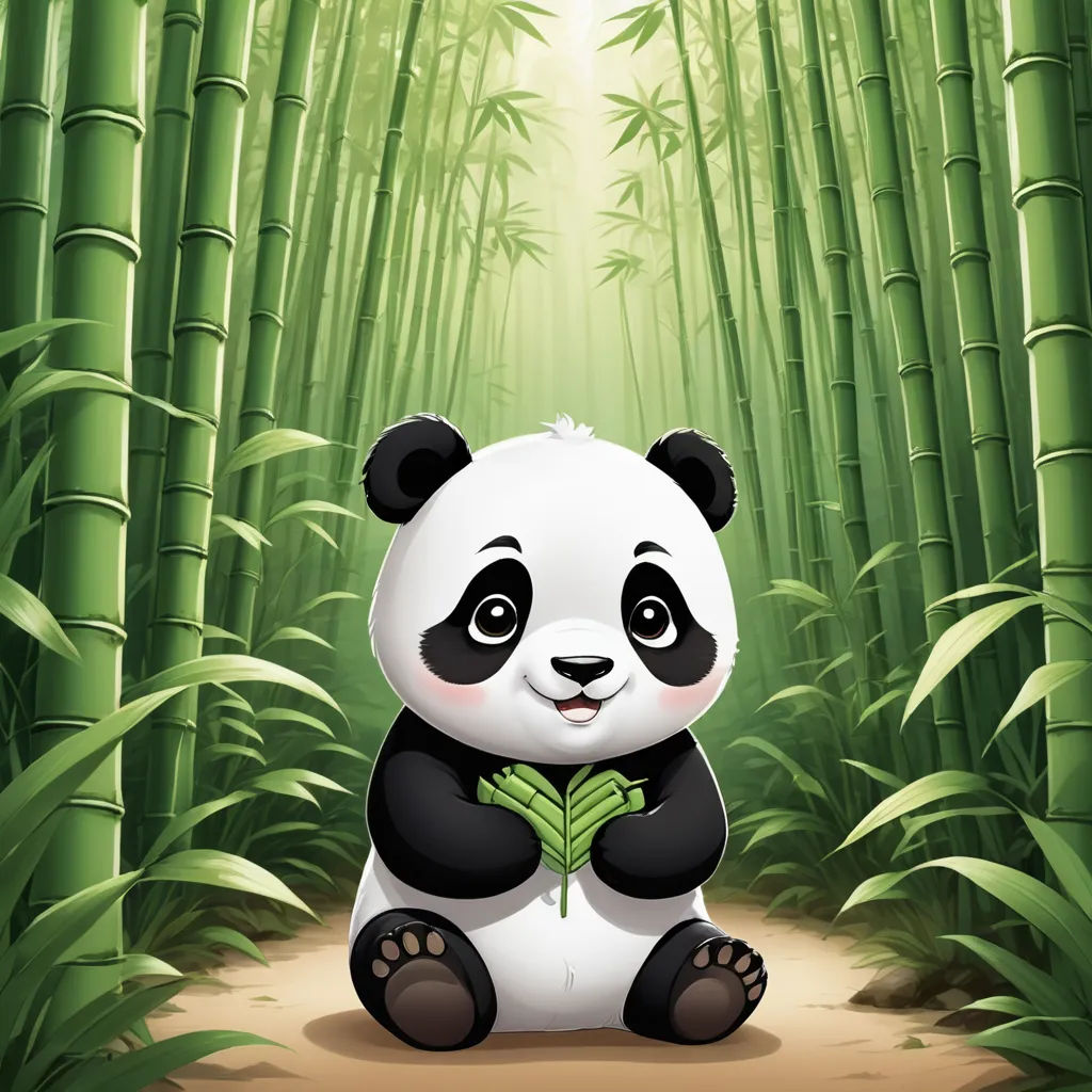 a panda bear sitting in the middle of a bamboo forest with a green leaf in its paws and a bright light shining down on the bamboo trees, lyco art, a storybook illustration, Bian Jingzhao, cute and funny