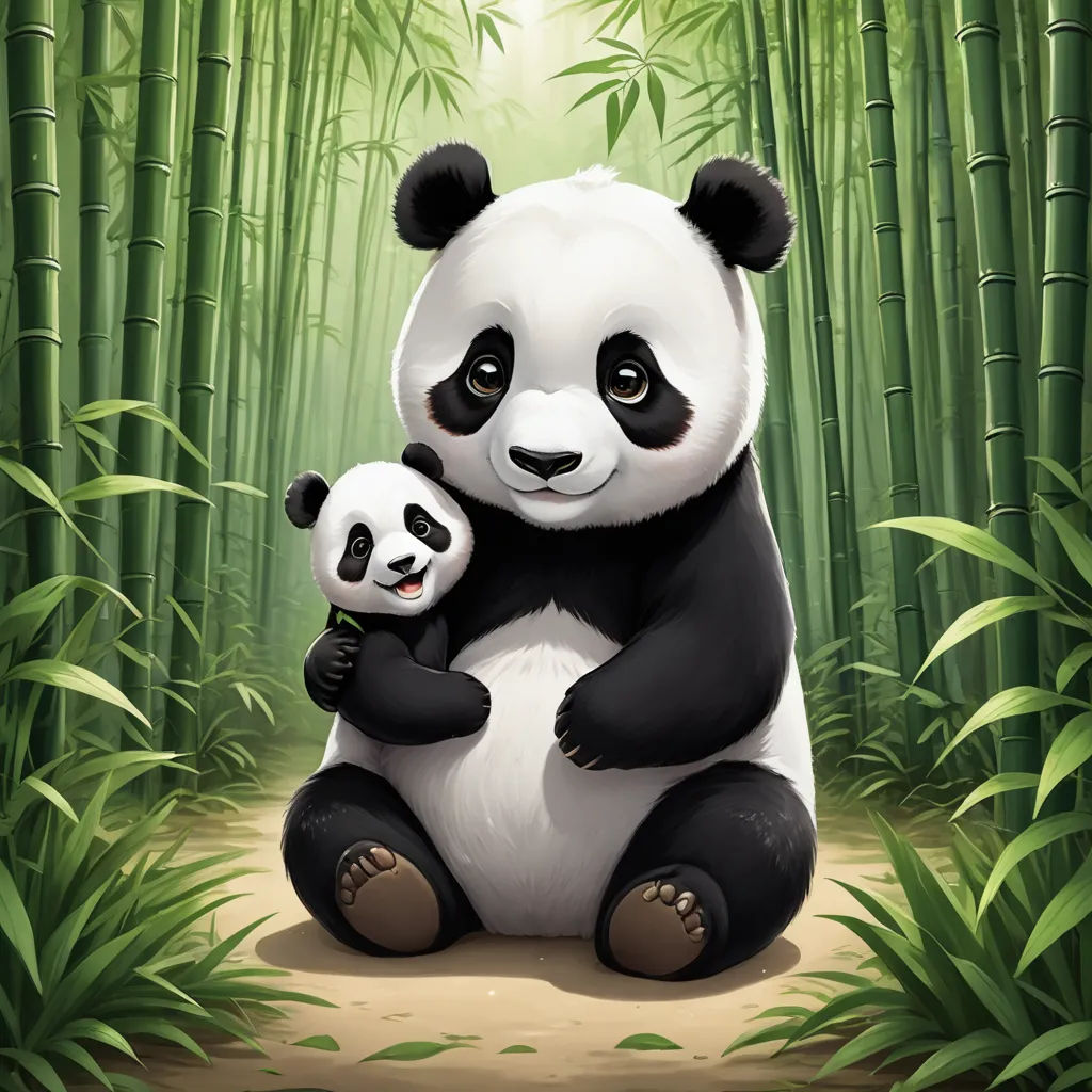 a panda bear holding a baby panda in a bamboo forest with bamboo trees in the background illustration by crayon, furry art, a digital painting, Fan Qi, professional digital painting