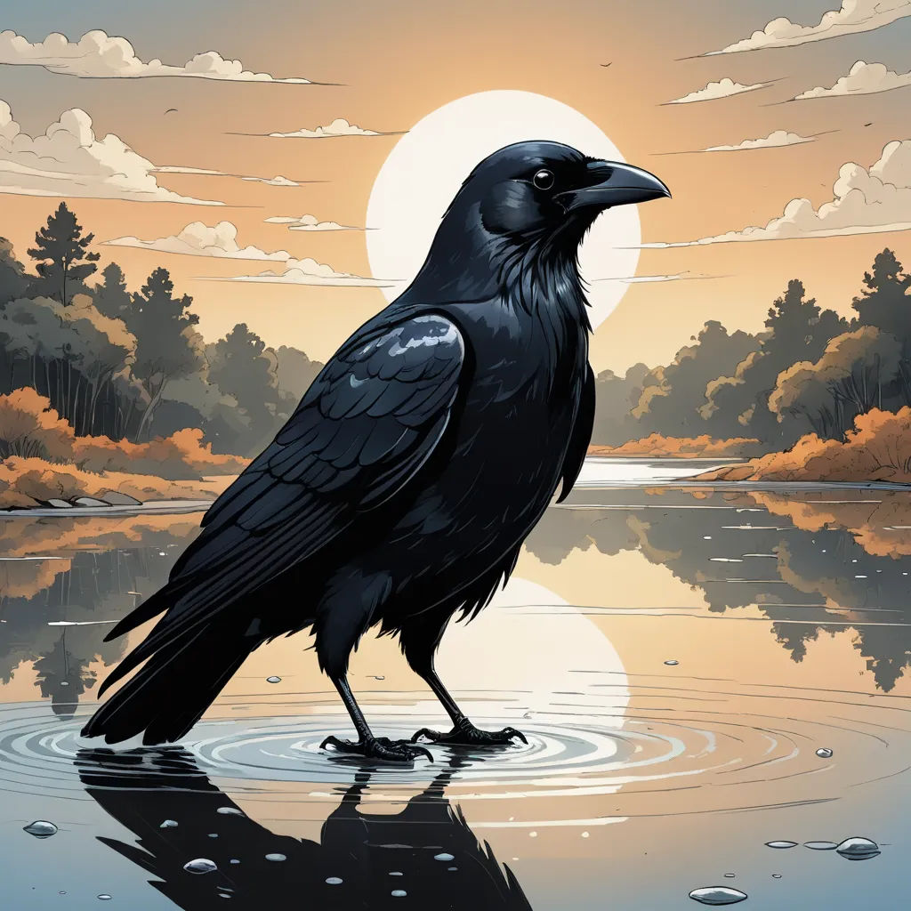 a black bird standing on a body of water with a sunset in the background and clouds in the sky, gothic art, poster art, Dan Mumford, highly detailed digital art