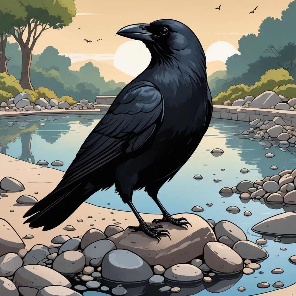 a black bird sitting on a rock near a river and trees with birds flying overhead in the sky above, fantasy art, a storybook illustration, Dan Mumford, storybook illustration