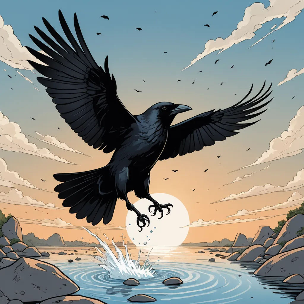 a black bird flying over a body of water with a sun in the background and clouds in the sky, fantasy art, a comic book panel, Dan Mumford, comic cover art