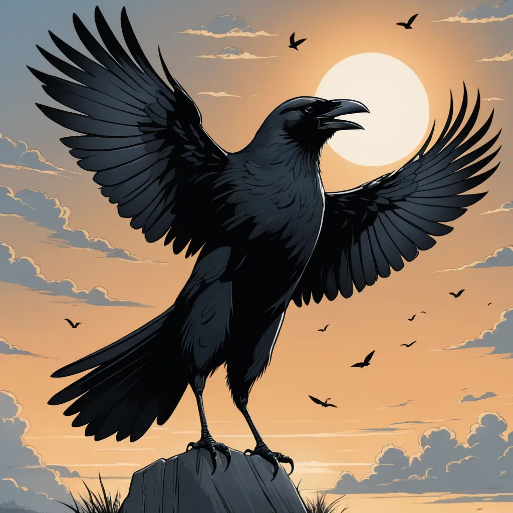 a black bird with its wings spread out on a rock with a sunset in the background and birds flying around, symbolism, a storybook illustration, Dan Mumford, comic cover art