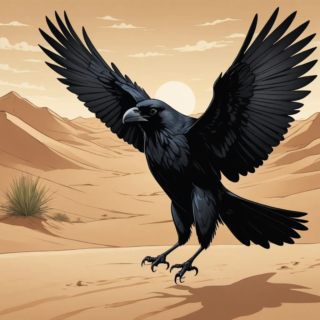 a black bird with outstretched wings in the desert with a sunset in the background and a desert landscape with sand dunes, gothic art, an illustration of, Amir Zand, birds