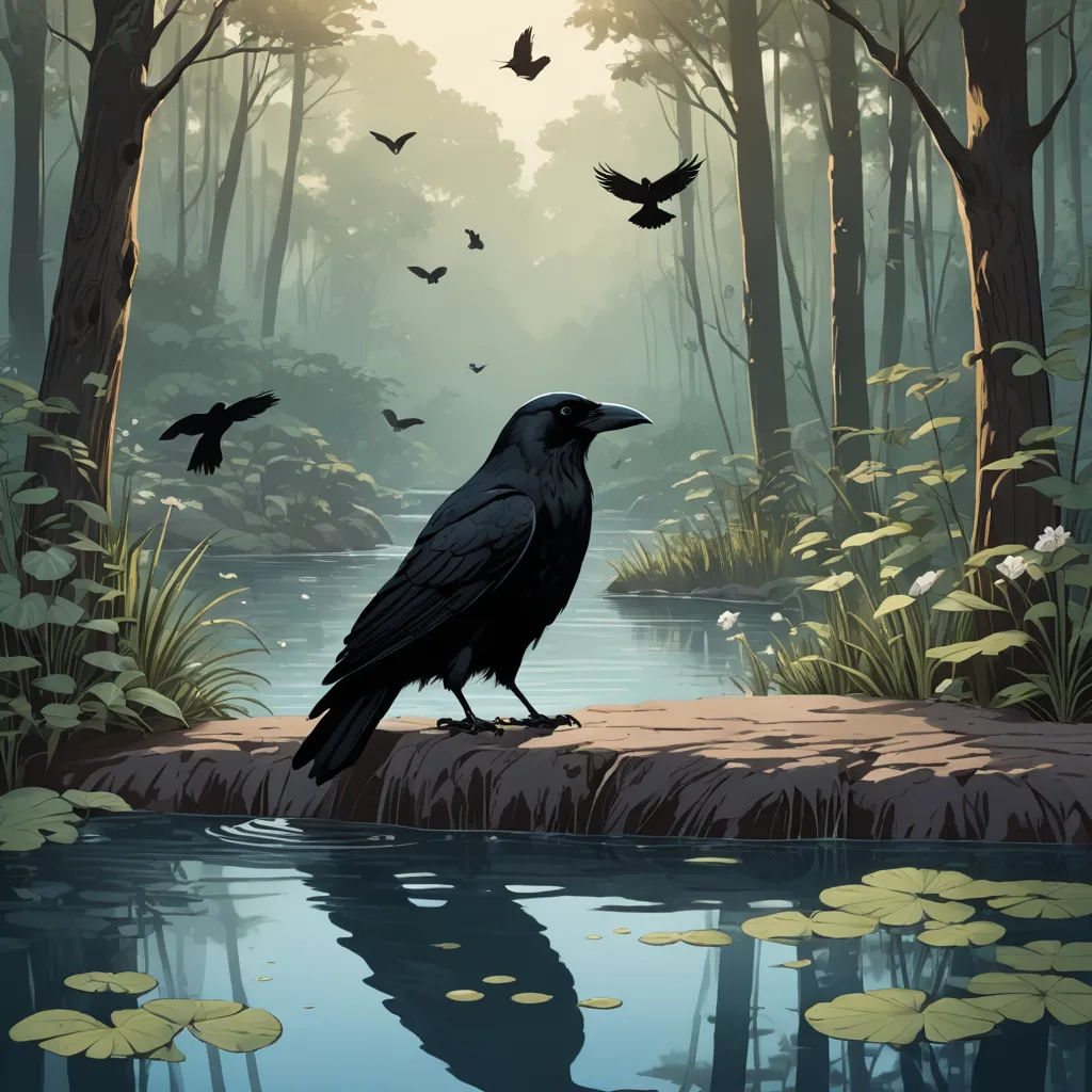 a painting of a black bird sitting on a rock near a river with lily pads and a forest with birds flying overhead, fantasy art, a storybook illustration, Dan Mumford, birds