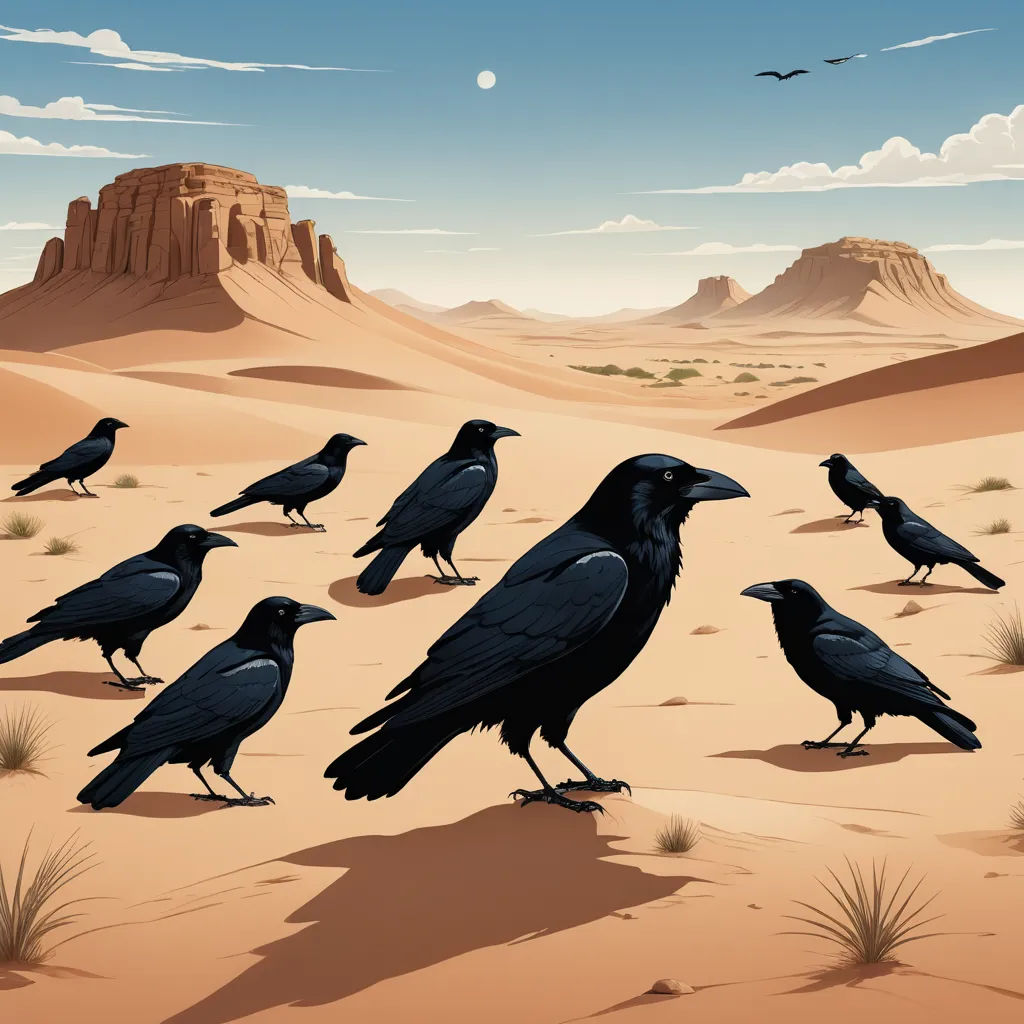 a group of crows standing in the desert with a mountain in the background and a bird flying overhead in the sky, serial art, a detailed matte painting, Chris LaBrooy, birds