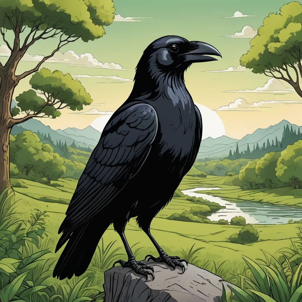 a black bird sitting on a rock in a field with trees and a river in the background with a sky background, fantasy art, a storybook illustration, Dan Mumford, josan gonzales and dan mumford