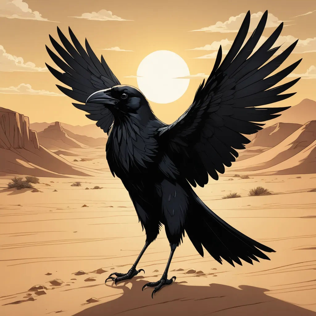 a black bird with its wings spread out in the desert at sunset with mountains in the background and a sun setting, dau-al-set, an album cover, Dan Mumford, birds