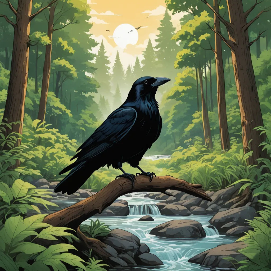 a black bird sitting on a branch in a forest with a stream running through it and a sun shining in the background, fantasy art, poster art, Dan Mumford, josan gonzales and dan mumford