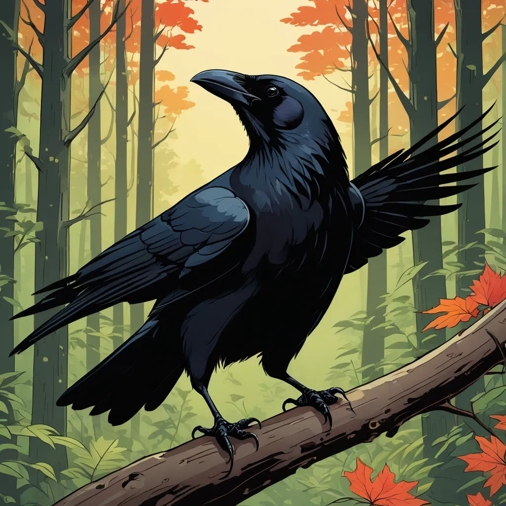 a black crow sitting on a branch in a forest with autumn leaves and trees in the background, with a yellow sky, altermodern, poster art, Dan Mumford, laurie greasley
