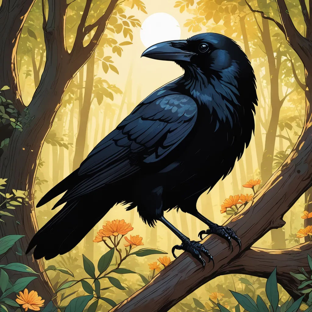 a black bird sitting on a branch in a forest with flowers and trees in the background, with the sun shining through the trees, fantasy art, a storybook illustration, Dan Mumford, josan gonzales and dan mumford