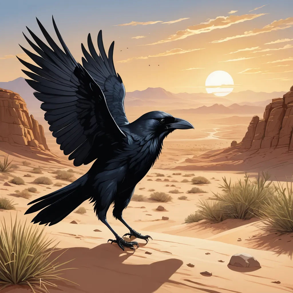 a black bird with outstretched wings standing on a desert landscape with a sunset in the background and a desert landscape with rocks and grass, fantasy art, a detailed matte painting, Dirk Crabeth, birds