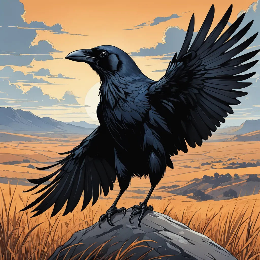 a black bird with wings spread sitting on a rock in a field with a sunset in the background and clouds in the sky, altermodern, a comic book panel, Dan Mumford, comic cover art