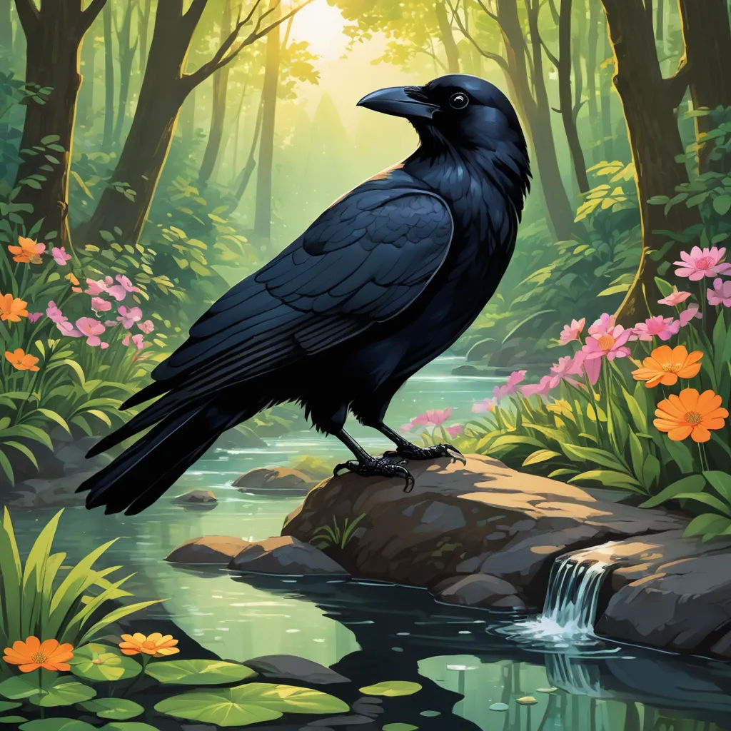 a black bird sitting on a rock in a forest with flowers and a stream of water in the foreground, fantasy art, a storybook illustration, Anne Stokes, birds