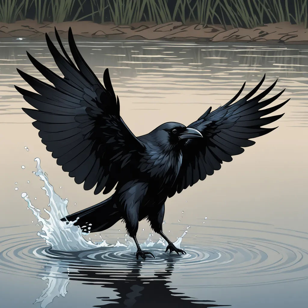 a black bird with wings spread is in the water and splashes water around it's body and wings, gothic art, a comic book panel, Dirk Crabeth, birds