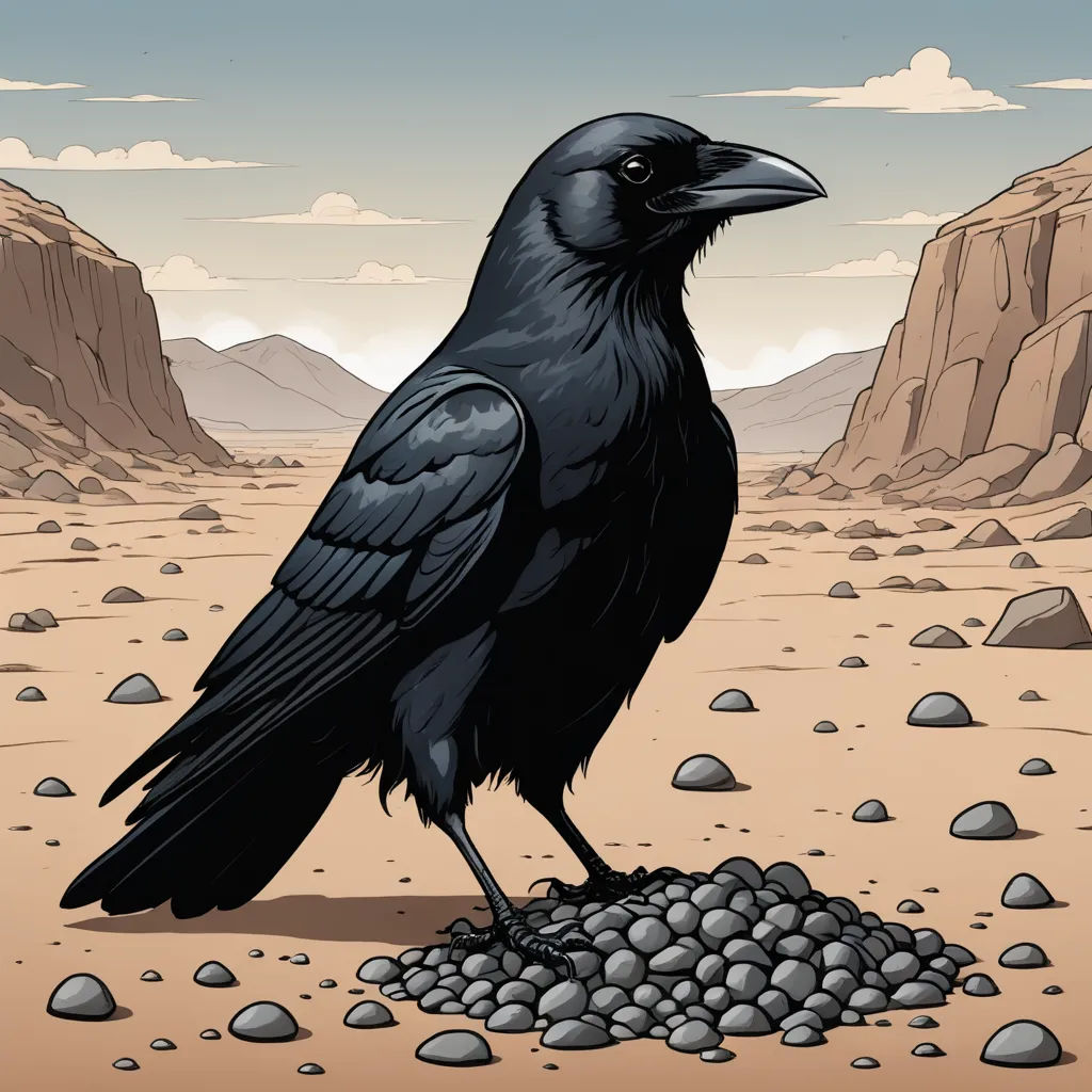 a black bird sitting on top of a pile of rocks in the desert with a sky background and a mountain range, neoplasticism, an album cover, Dan Mumford, birds