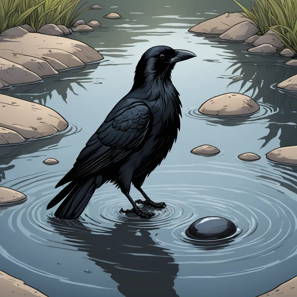 a black bird standing on a rock in a river next to a rock and grass area with a rock in the water, symbolism, a storybook illustration, David Martin, comic cover art