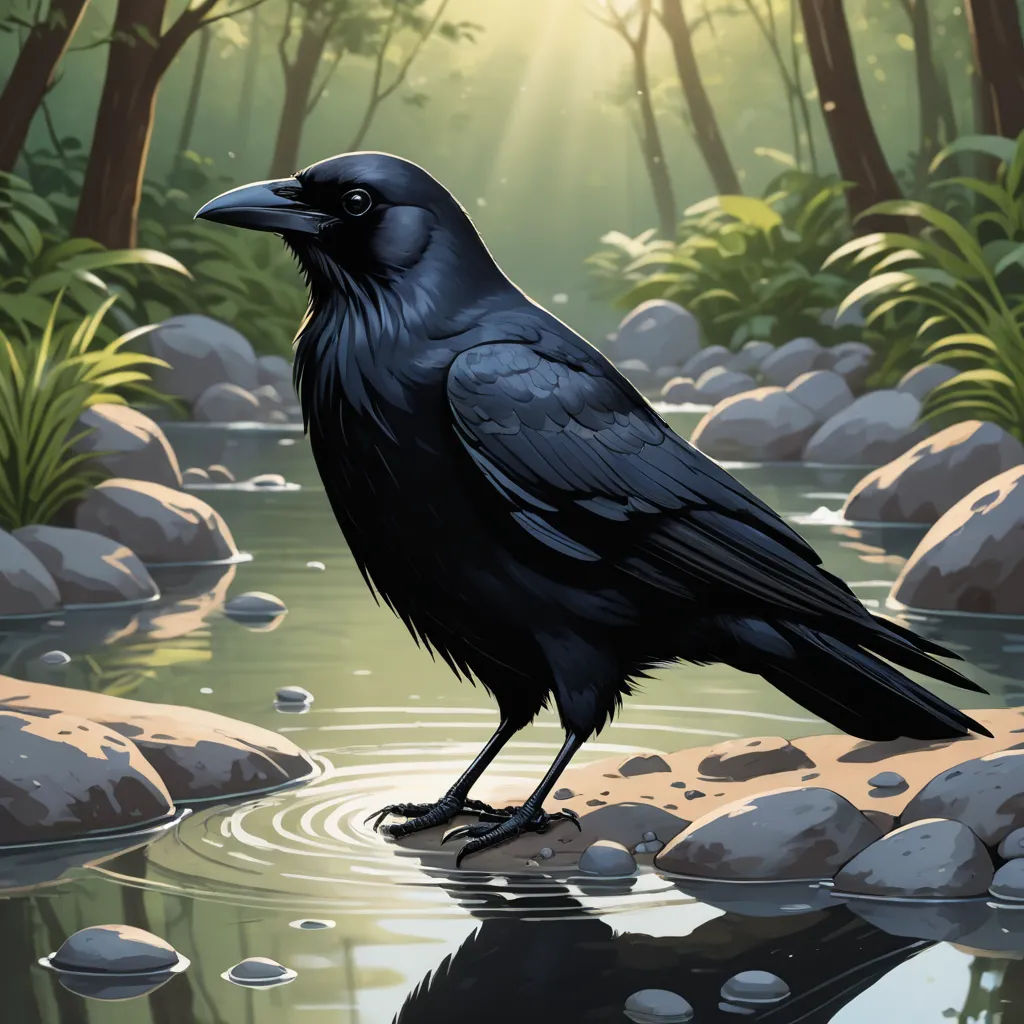 a black bird standing on a rock in a river with rocks and trees in the background and a sunbeam, fantasy art, a storybook illustration, Dan Mumford, birds
