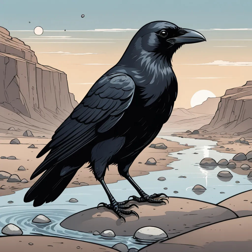 a black bird sitting on a rock in a river with a mountain in the background and a sky with clouds, space art, an album cover, Dan Mumford, laurie greasley