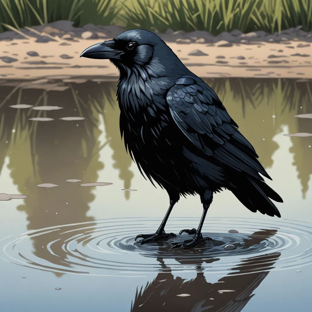 a black bird standing on top of a puddle of water next to a grass covered field and a body of water, environmental art, a comic book panel, Dan Mumford, laurie greasley