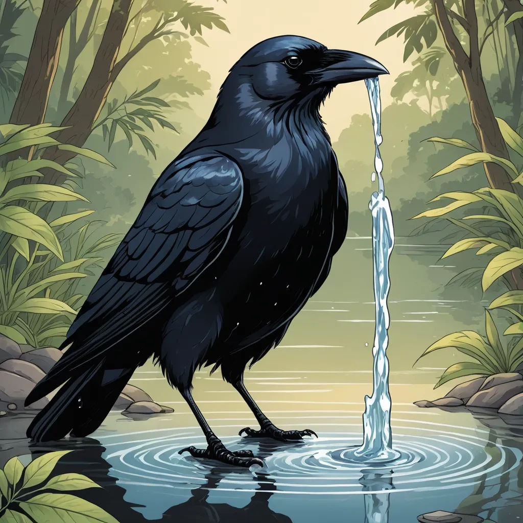a black bird is standing in the water and drinking from a faucet that is dripping water from it, environmental art, a storybook illustration, Dan Mumford, highly detailed digital art