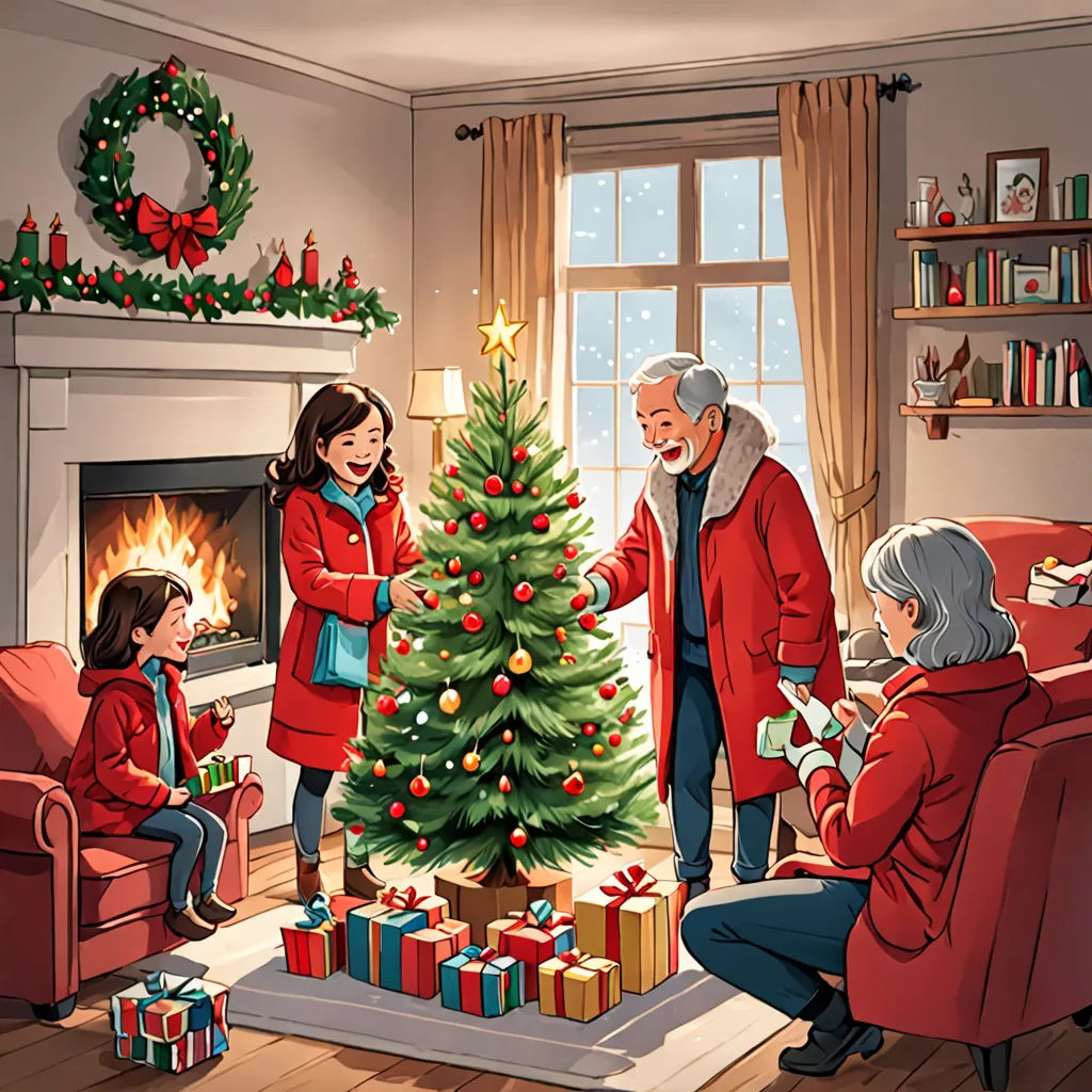 a family is decorating a christmas tree in their living room with presents and presents on the floor and a fireplace, american scene painting, a storybook illustration, Ernest William Christmas, official art