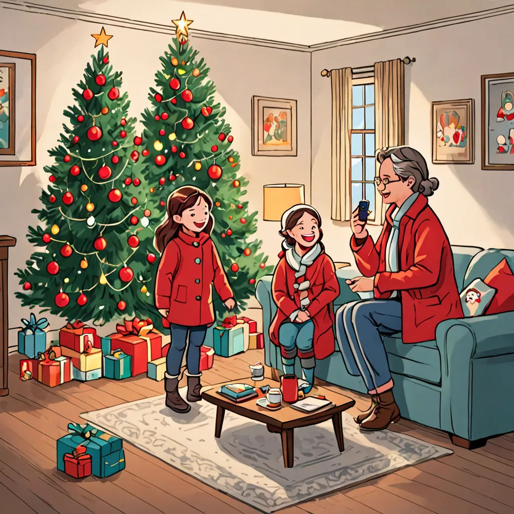 a family sitting around a christmas tree in a living room with presents on the floor and a christmas tree in the corner, american scene painting, a storybook illustration, Anne Said, official art