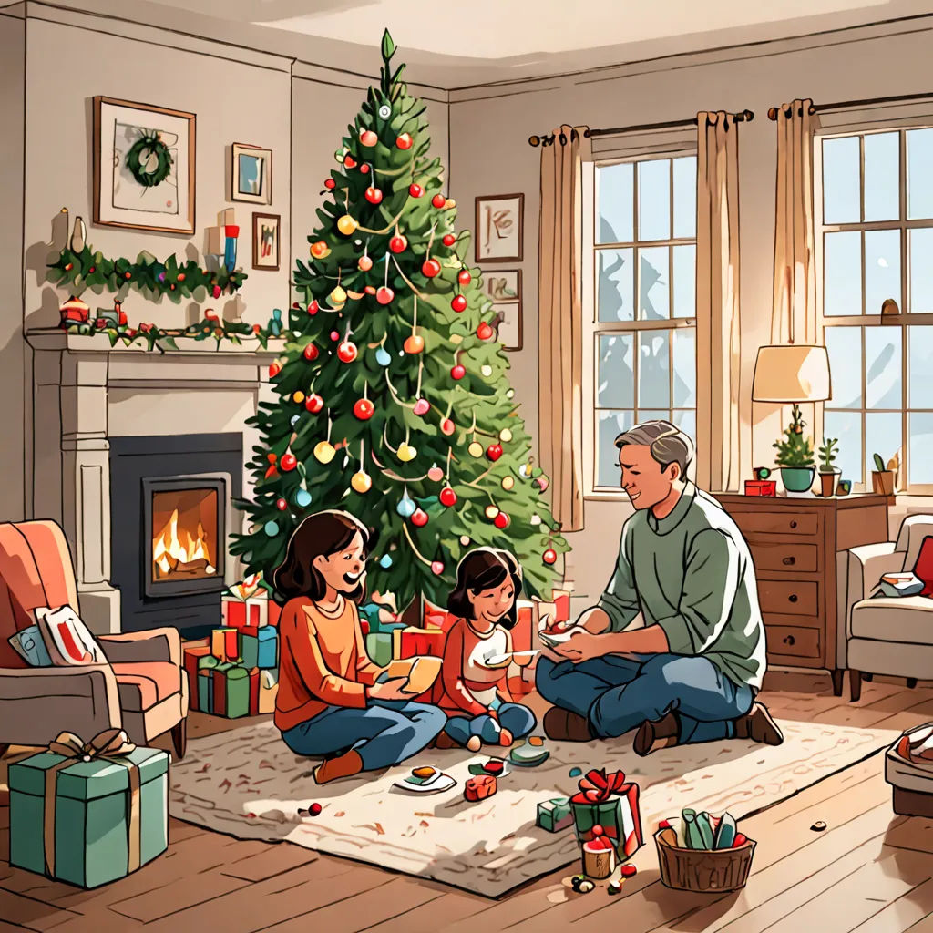 a family sitting around a christmas tree in a living room with presents on the floor and a christmas tree in the corner, american scene painting, a storybook illustration, Ernest William Christmas, official art