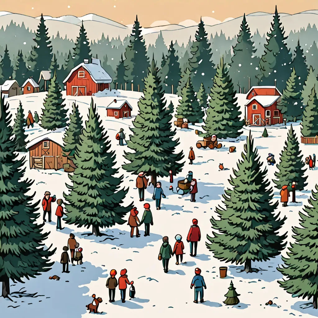 a painting of a snowy village with people and trees in the foreground and a red barn in the background, naive art, a storybook illustration, Dan Mumford, detailed illustration