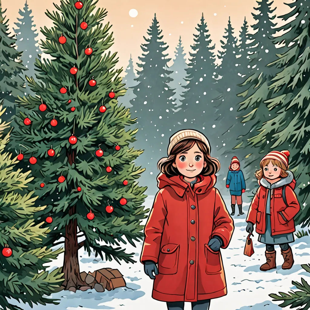 a woman and a child are walking through a snowy forest with a christmas tree in the background and a red coat on, process art, a storybook illustration, Clarice Beckett, comic cover art