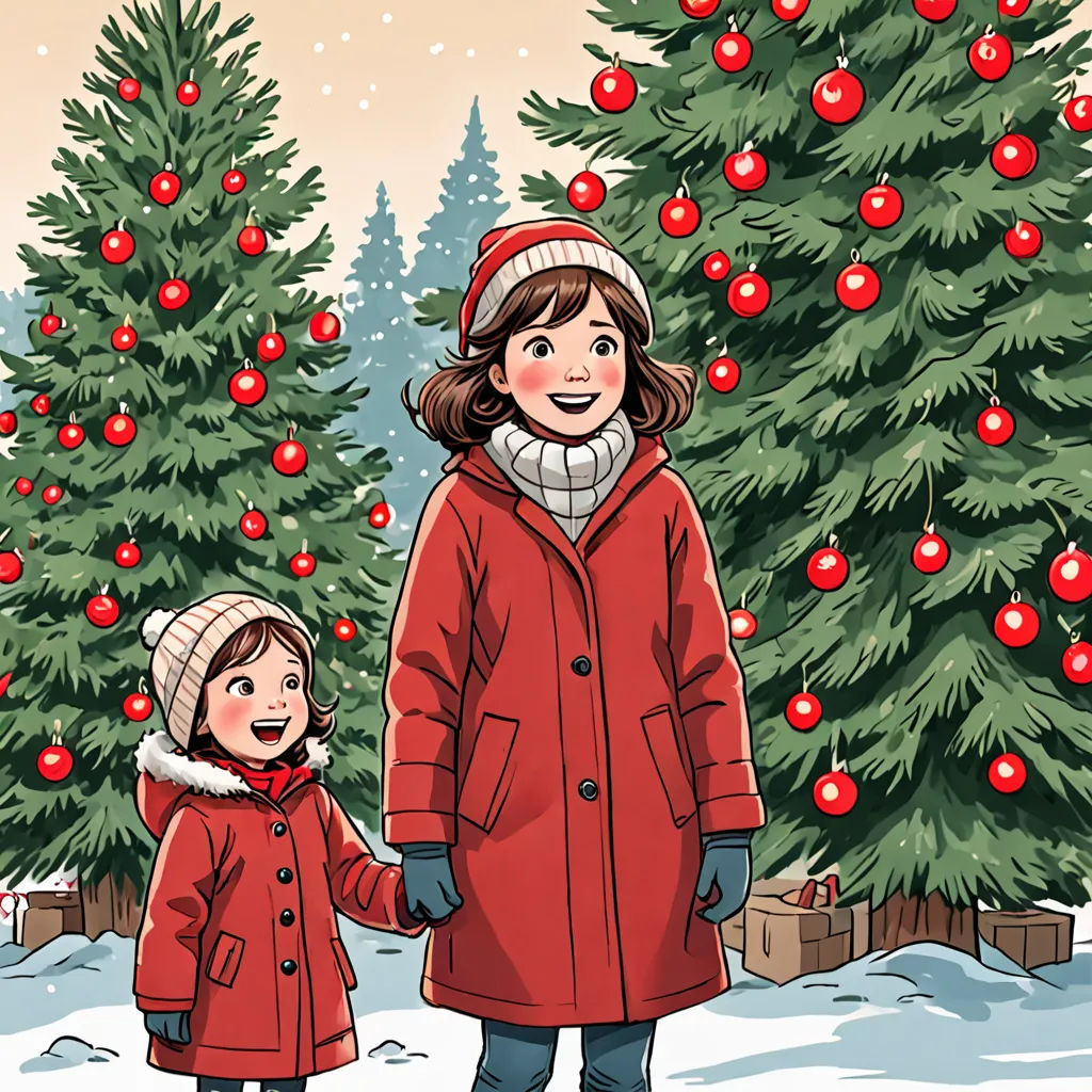 a woman and a child standing in front of a christmas tree with presents on it and a snowy landscape, context art, a storybook illustration, Choi Buk, comic cover art